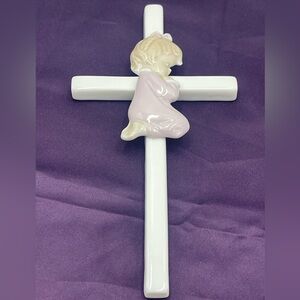 Roman “Valencia Collection” Baby Cross: Pink Praying Girl Cream Porcelain Cross